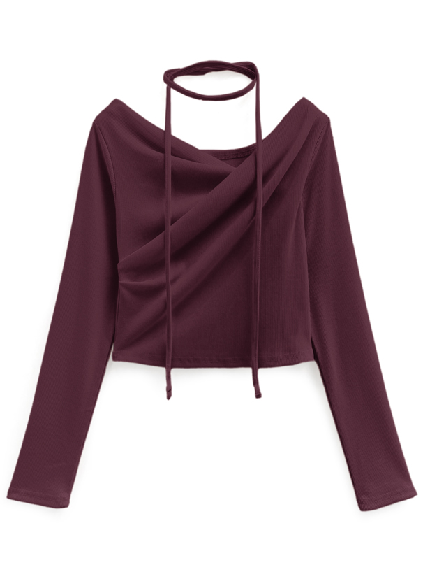 タイ付きドレープショート丈リブトップス