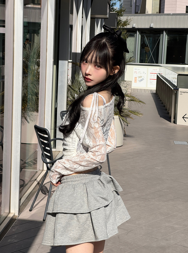オフショルダー花柄レースカシュクールトップス[dk1394