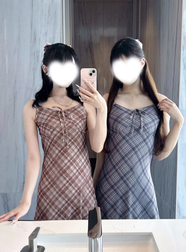 チェック柄リボンキャミソールワンピース