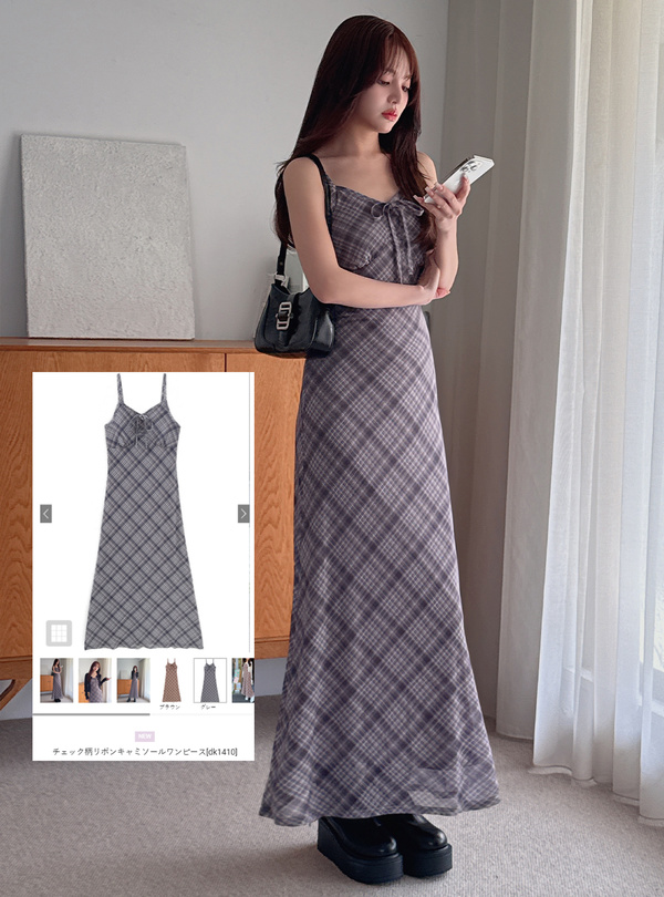 チェック柄リボンキャミソールワンピース
