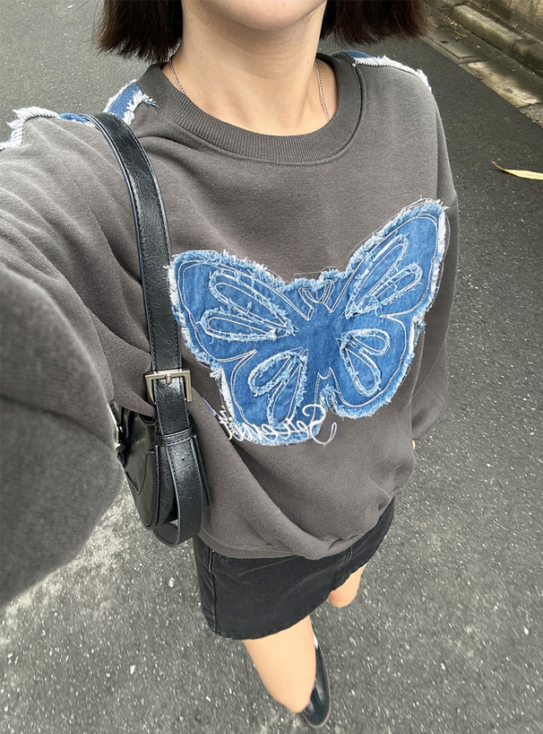 バタフライデニムスウェットトップス