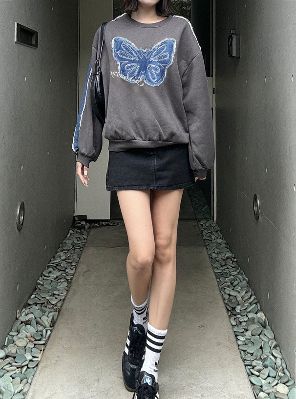 バタフライデニムスウェットトップス