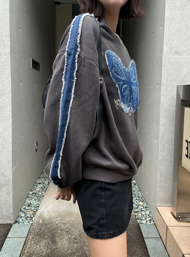 バタフライデニムスウェットトップス