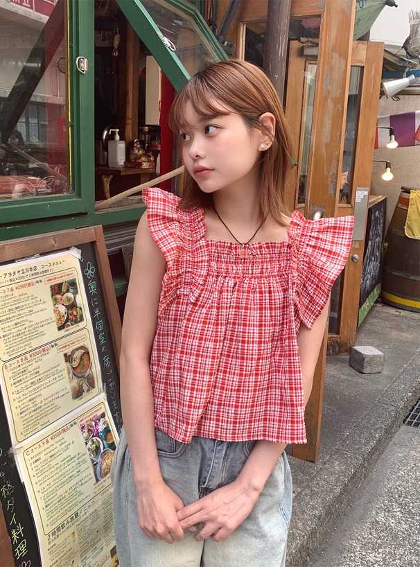 超人気の雑貨店 ギャザーフリルTシャツ 半袖 Lサイズ、ギンガムチェック トップス