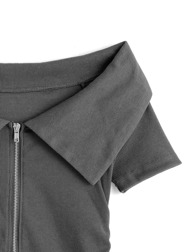 2color 】スプレー加工ダブルジップオフショルサマーリブニット