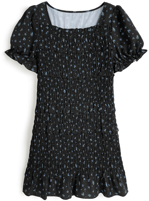 小花柄シャーリング半袖ミニワンピース