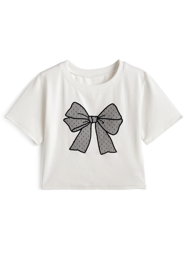 ドット柄チュールリボンクロップド丈Tシャツ