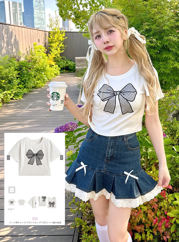 ドット柄チュールリボンクロップド丈Tシャツ