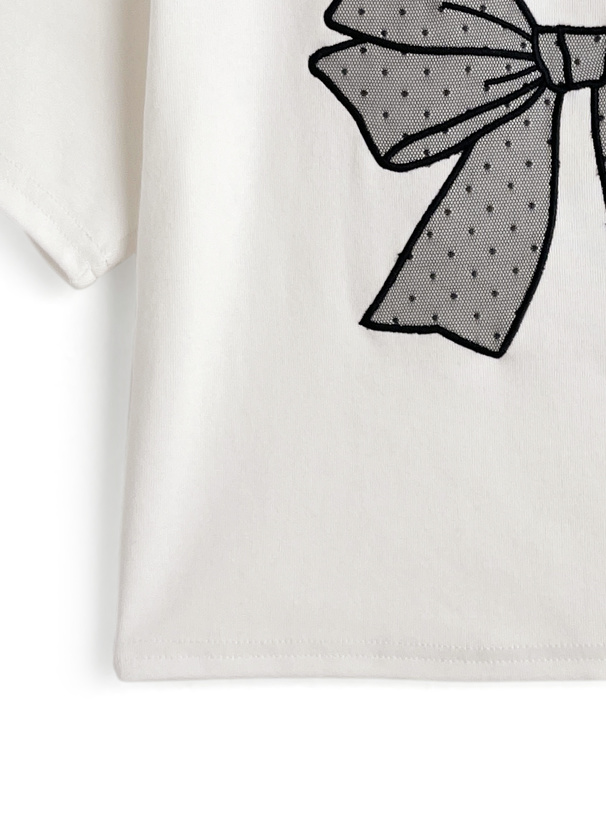 ドット柄チュールリボンクロップド丈Tシャツ