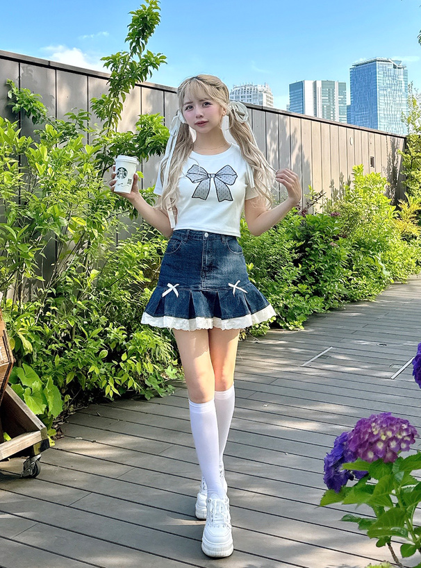 ドット柄チュールリボンクロップド丈Tシャツ
