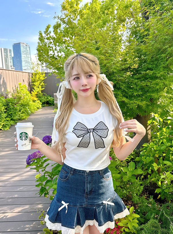 ドット柄チュールリボンクロップド丈Tシャツ