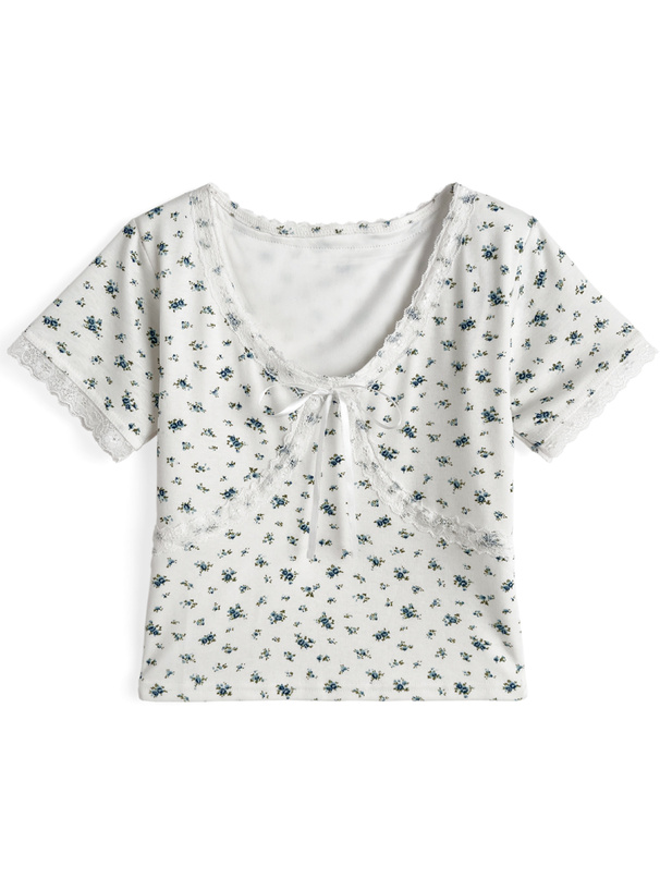 リボンレース花柄プリントトップス