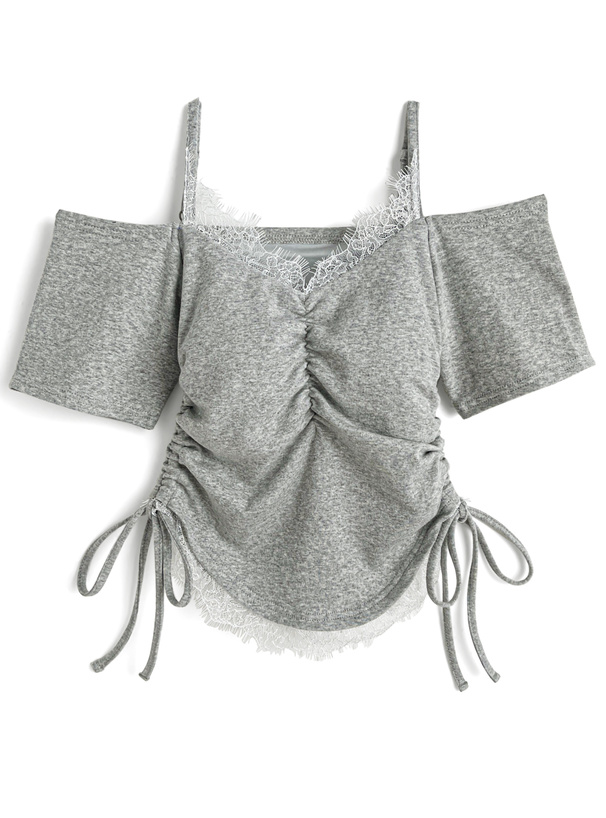 パッド入りレースドロストオフショルダートップス[dk1505