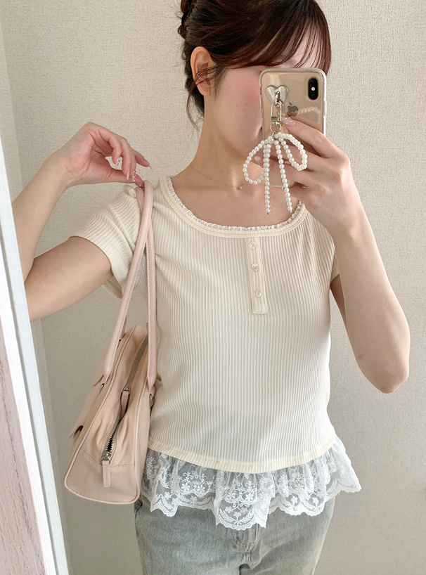 裾フリルレース半袖トップス