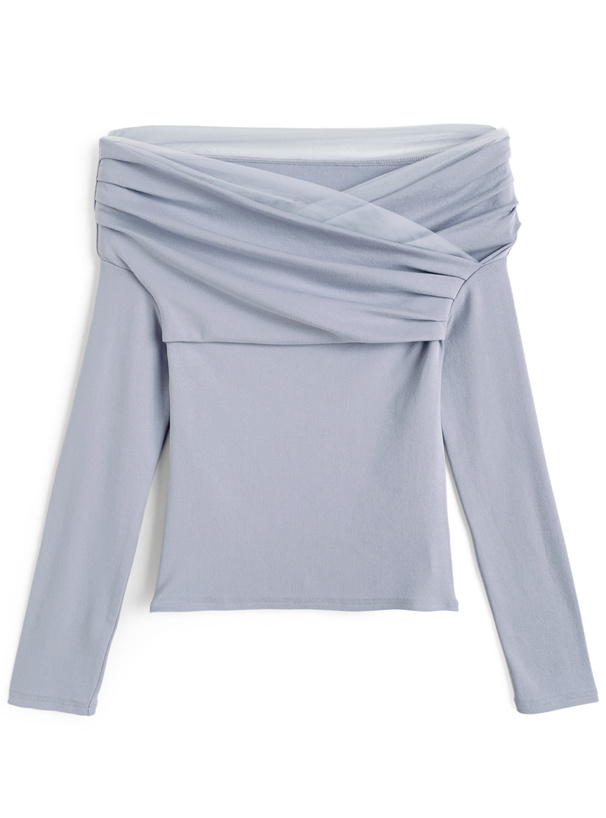 チュールドッキングドレープオフショルダートップス