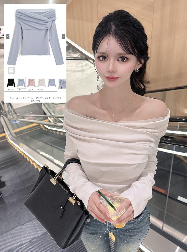 チュールドッキングドレープオフショルダートップス