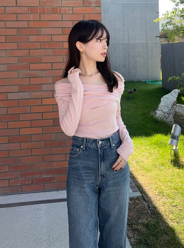 チュールドッキングドレープオフショルダートップス