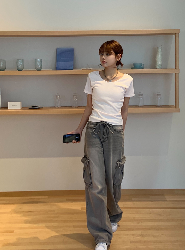 カップ付バックオープンリブトップス