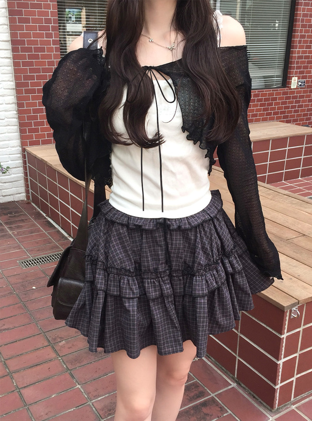 インパン付きチェック柄フリルティアードミニスカート[dk1527