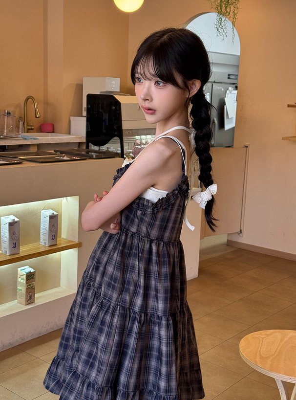 チェック柄フリル付きミニワンピース 半袖 ベージュ FREE チェック柄フリル付きミニワンピース 半袖 ベージュ FREE