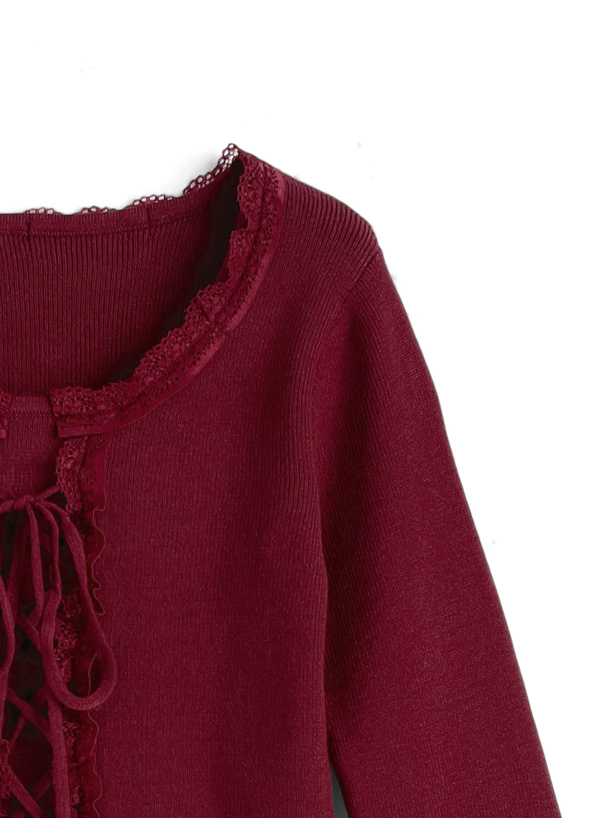 編み上げリボンレースフリルニットトップス