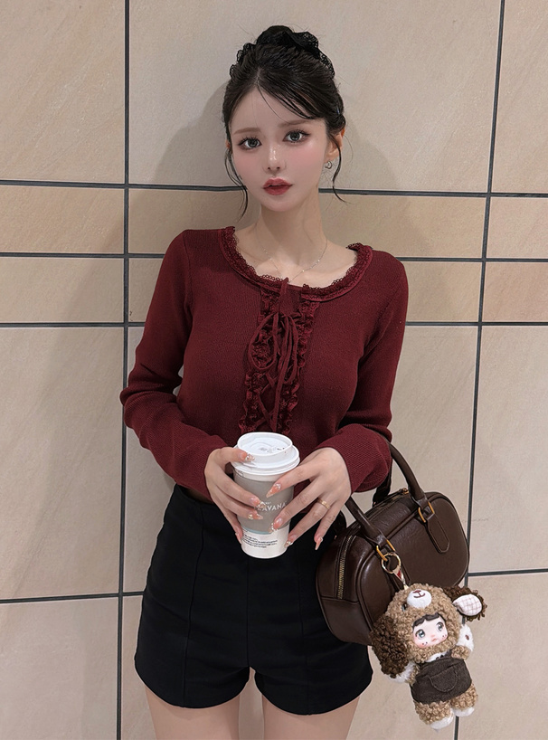 編み上げリボンレースフリルニットトップス