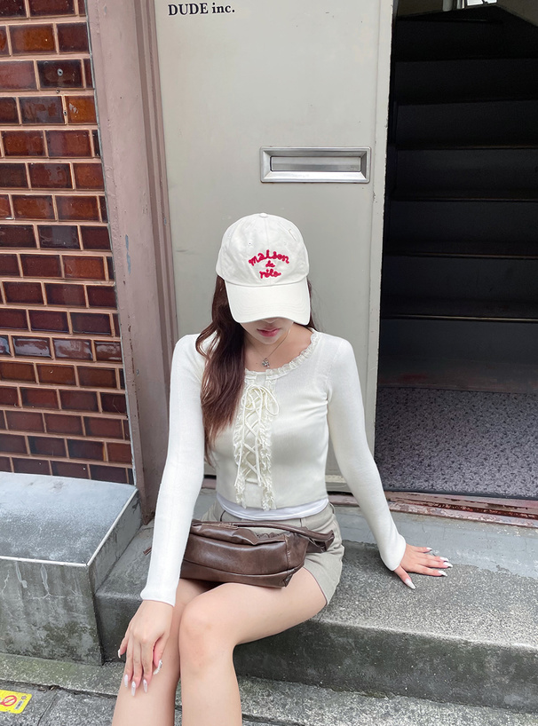 編み上げリボンレースフリルニットトップス