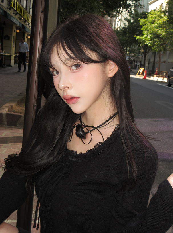 編み上げリボンレースフリルニットトップス