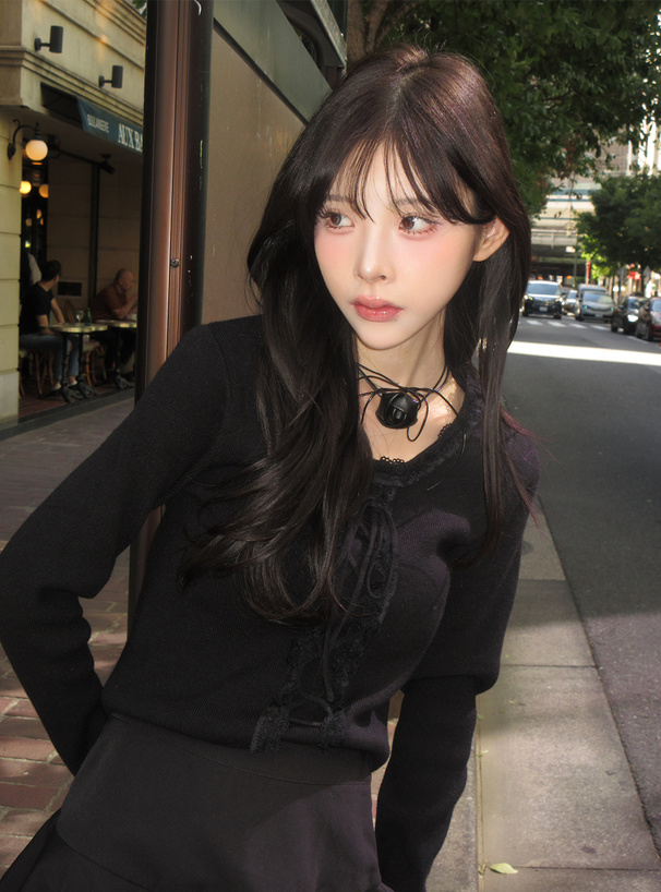 編み上げリボンレースフリルニットトップス