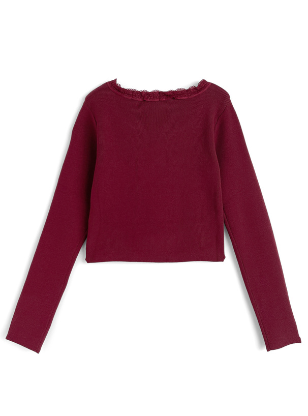 編み上げリボンレースフリルニットトップス