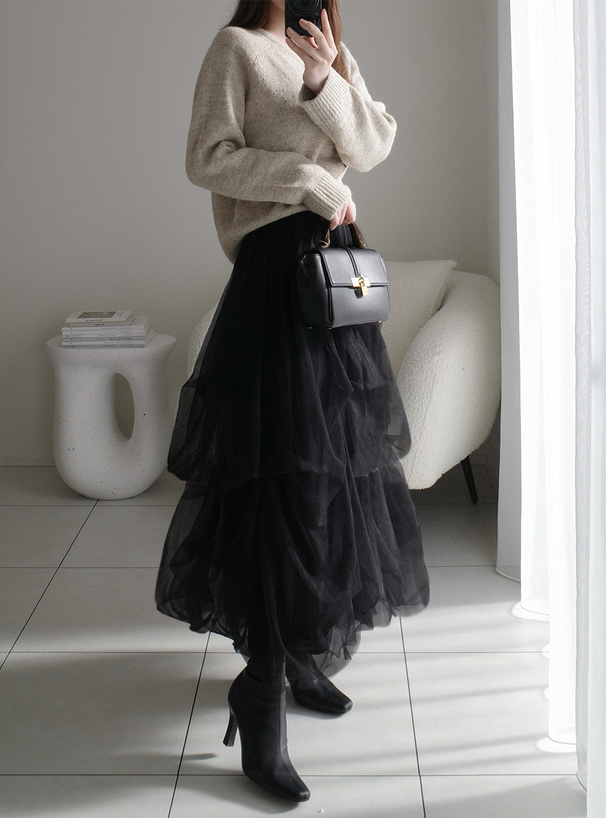 ボリュームチュールフレアロングスカート