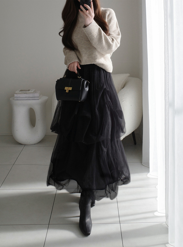 ボリュームチュールフレアロングスカート