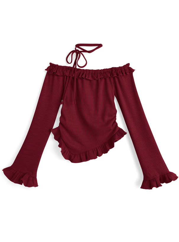 チョーカー付きフリルオフショルダーリブトップス[dk1558