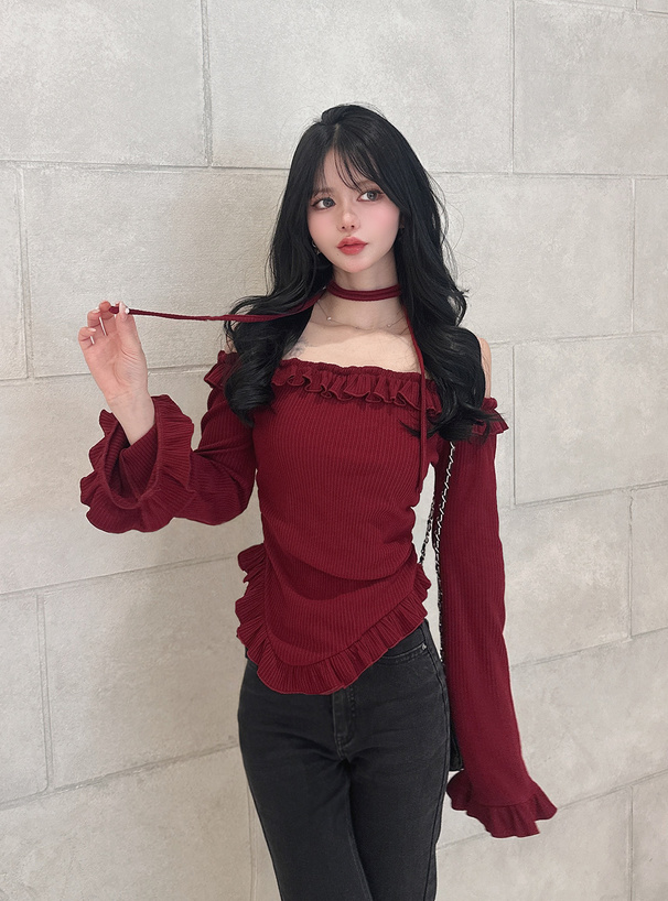 チョーカー付きフリルオフショルダーリブトップス[dk1558