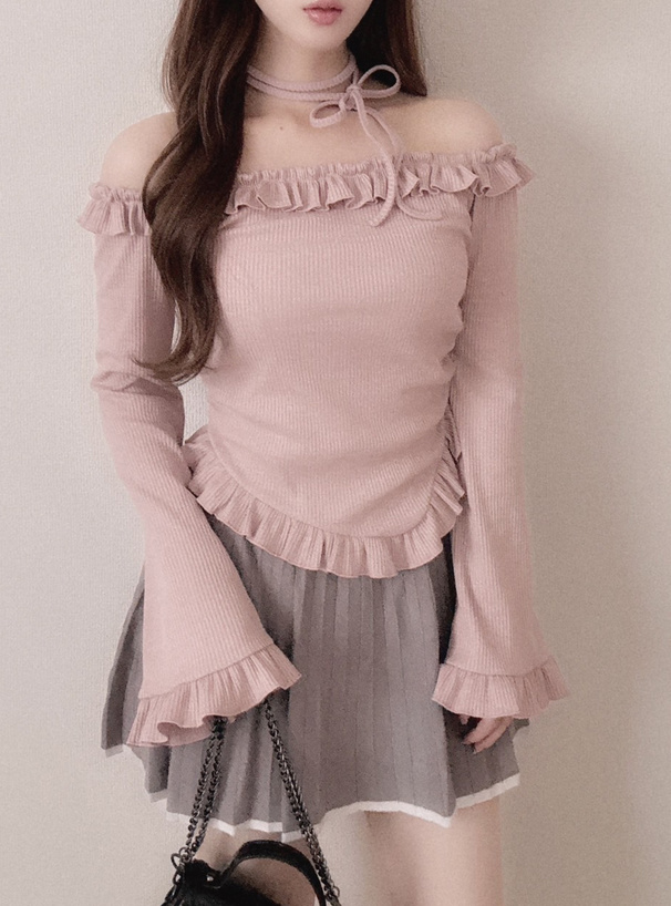 チョーカー付きフリルオフショルダーリブトップス[dk1558