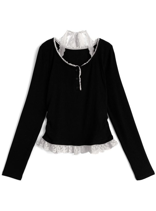 レースホルターネックレイヤード風リブトップス
