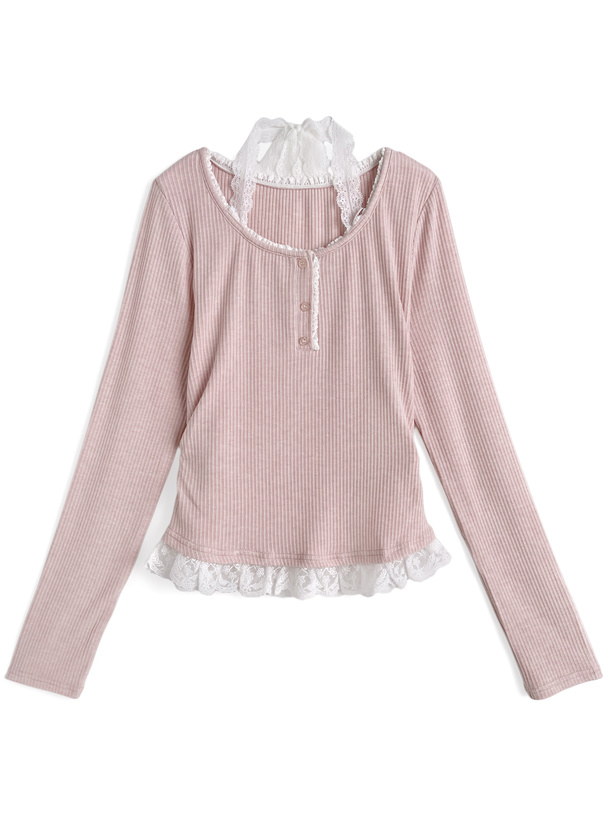 レースホルターネックレイヤード風リブトップス