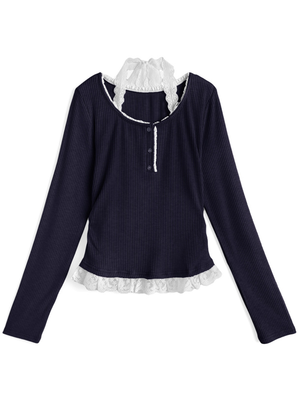 レースホルターネックレイヤード風リブトップス