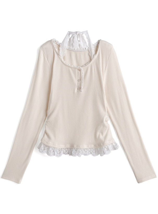 レースホルターネックレイヤード風リブトップス