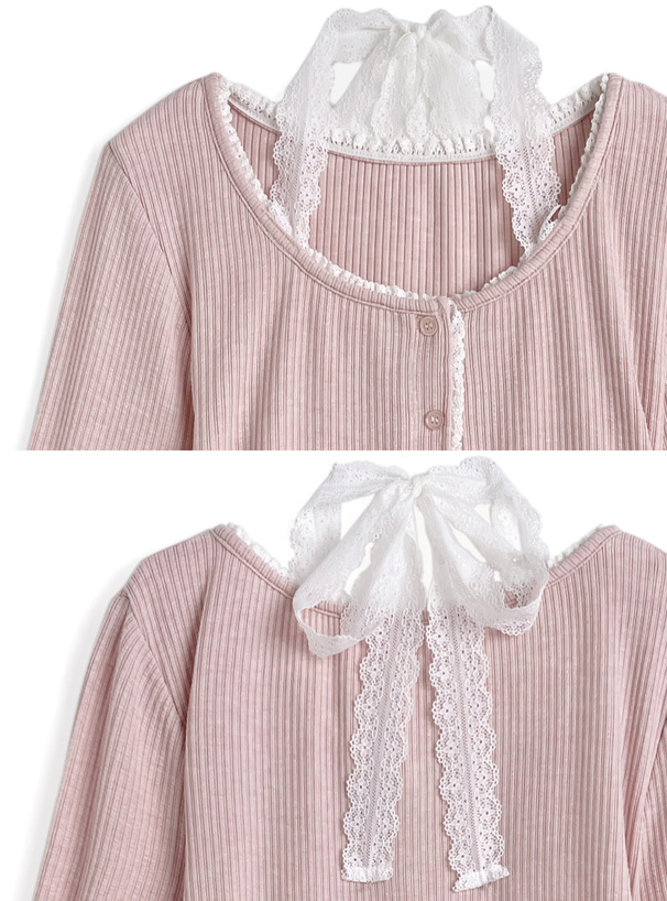 レースホルターネックレイヤード風リブトップス