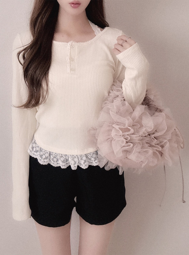 レースホルターネックレイヤード風リブトップス