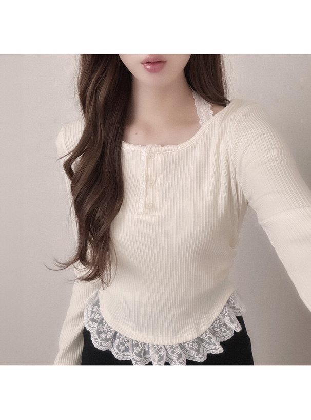 レースホルターネックレイヤード風リブトップス