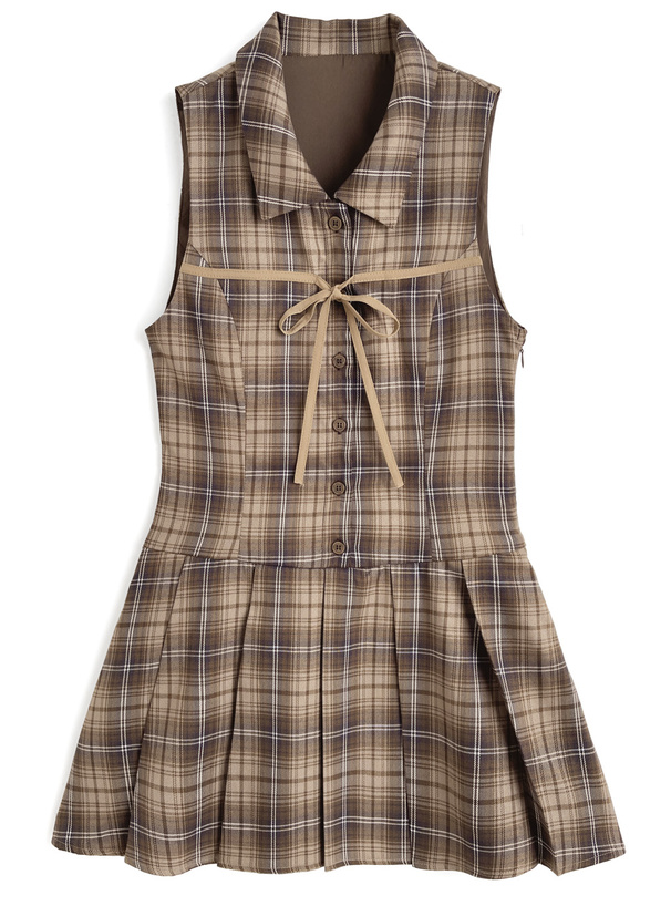 チェック柄リボンノースリシャツミニワンピース[dk1565]