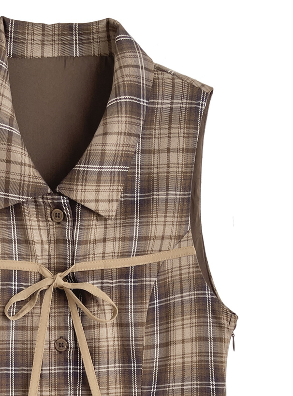 チェック柄リボンノースリシャツミニワンピース[dk1565