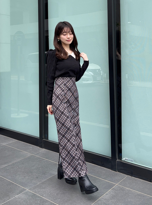 チェック柄スエードタイトスカート