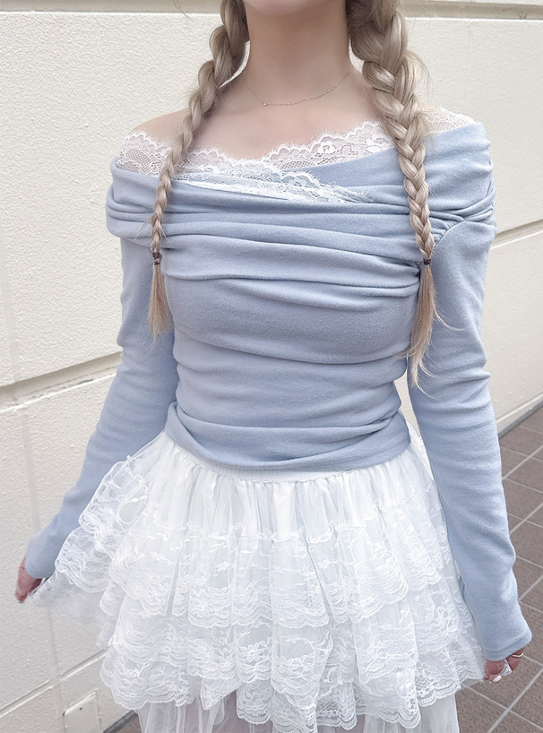 レースドレープオフショルダートップス