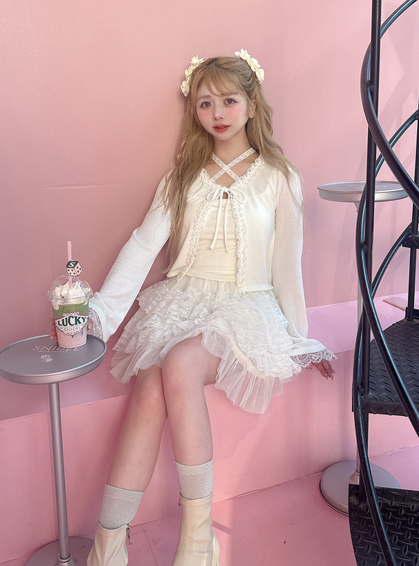 レースリボンリブカーディガン