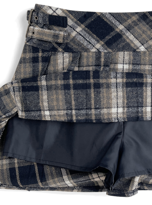 インパン裏地付きチェック柄サイドベルトプリーツミニスカート