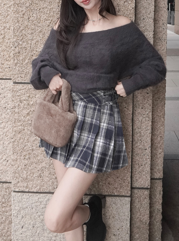 インパン裏地付きチェック柄サイドベルトプリーツミニスカート[dk1581