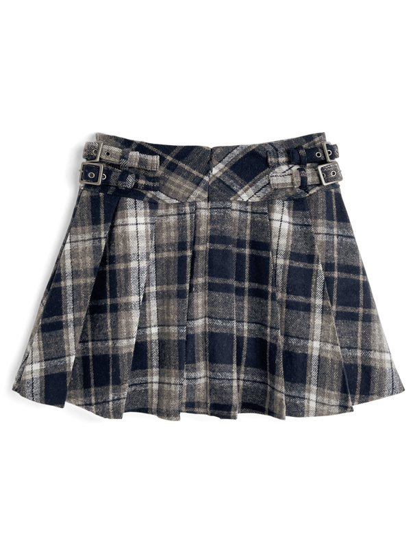 インパン裏地付きチェック柄サイドベルトプリーツミニスカート